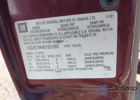 2002 Chevrolet Silverado 1500 Ls z USA, uszkodzony, nr VIN 2GCEC19V421231993